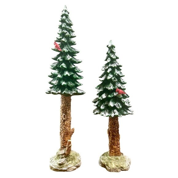 Dept 56 Village Towering Pine Trees with Cardinals Set of 2 9" & 7" #52632 Boxed - Picture 1 of 6